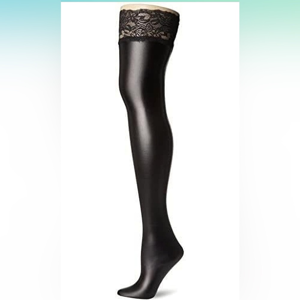 Women's Lingerie Black Lycra Wet Look Thigh High Stockings With Lace- Large